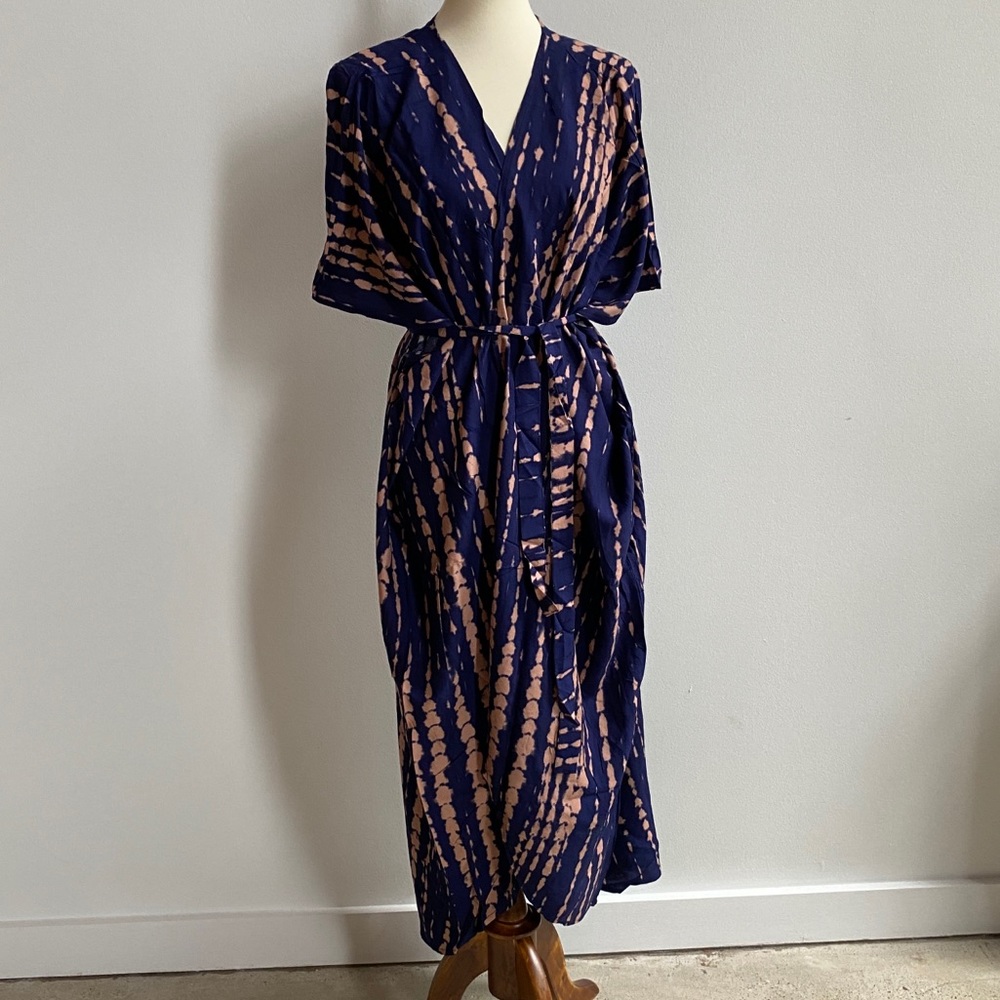 Blue & Peach Long Wrap Dress Kimono - Picture 3 of 11